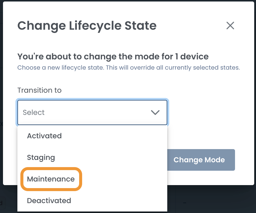 Dialog box for changing device lifecycle state with options including Maintenance.